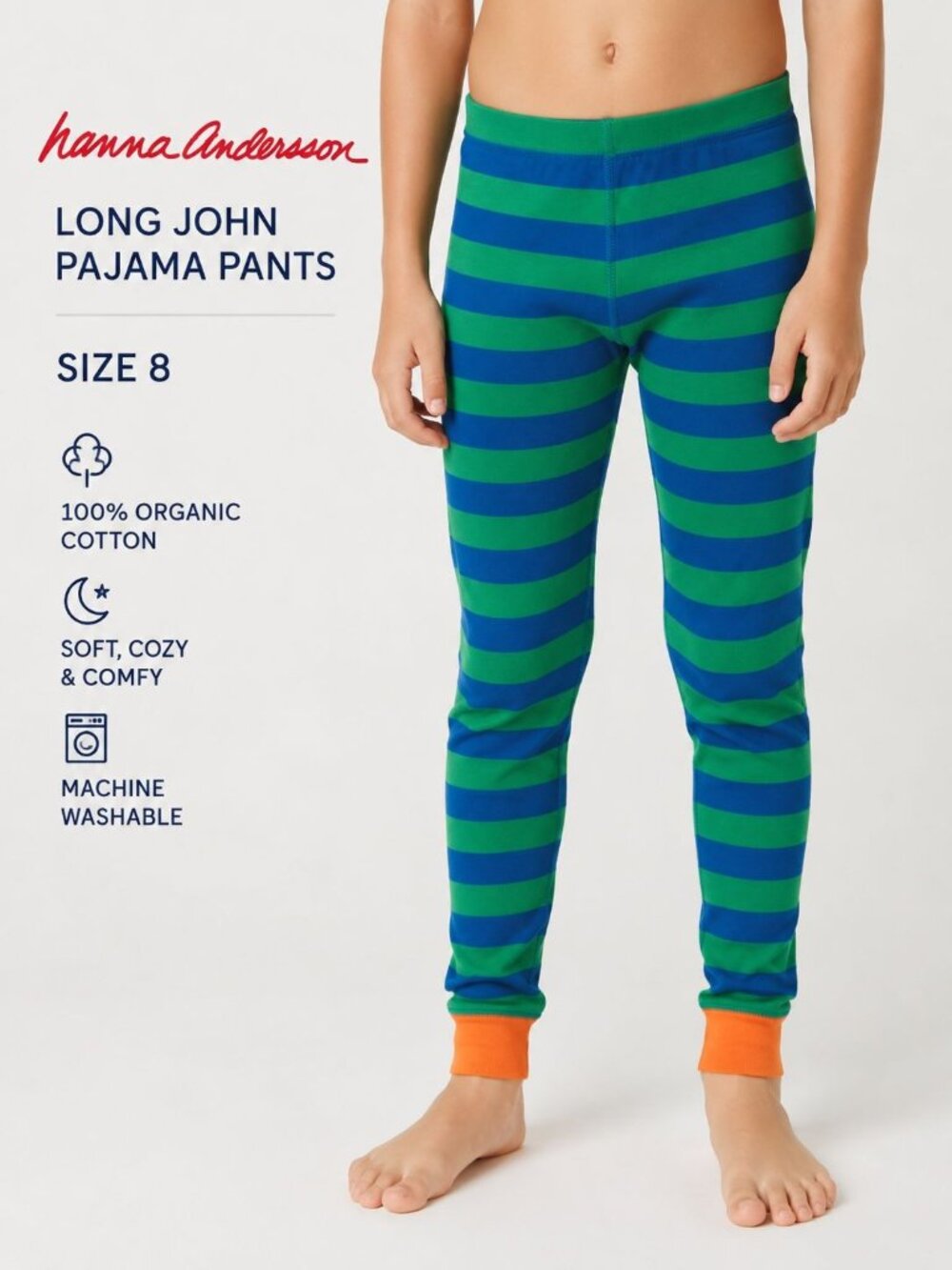 Hanna Andersson striped long john pajama pants featuring green blue stripes Sz 8